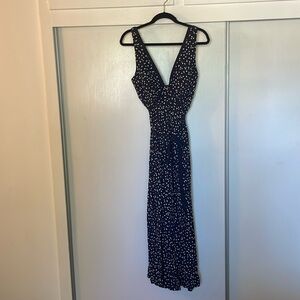 Anthropologie navy and white polka dot wide leg jumpsuit